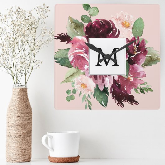 Moderne Waterverf bloemen monogrammen Vierkante Klok