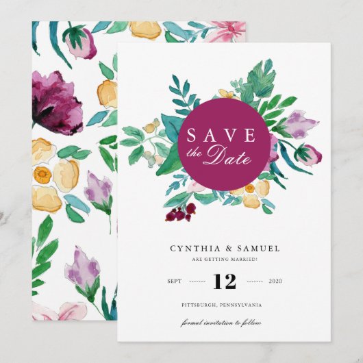 Moderne Waterverf Bloemen Save the Date Kaart (Voorkant / Achterkant)