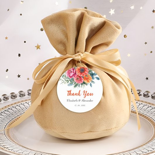 Moderne Waterverf Bloemen | Sinaasappel & Roze | B Ronde Sticker