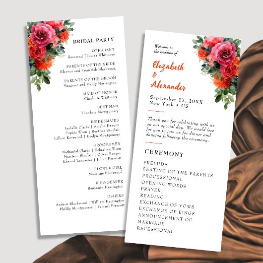 Moderne Waterverf Bloemen Sinaasappel & Roze Huwel Programmakaart