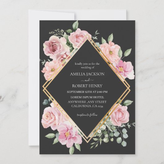 Moderne waterverf bloemen Zwart en goud Trouwen Kaart (Voorkant)