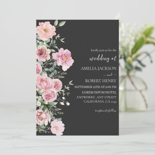 Moderne waterverf bloemen Zwart en goud Trouwen Kaart (Staand voorkant)