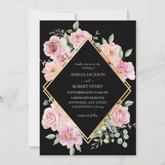 Moderne waterverf bloemen Zwart en goud Trouwen Kaart (Voorkant)