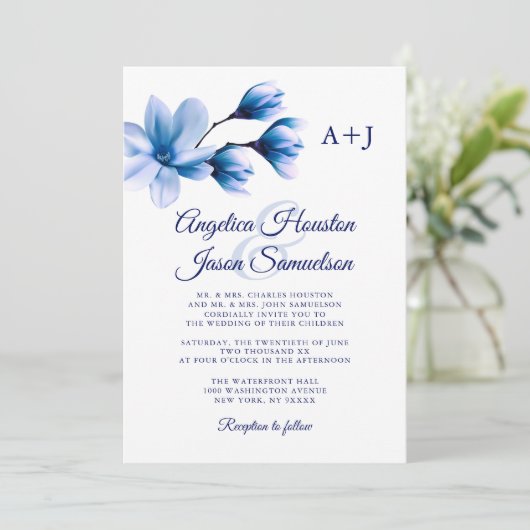 Moderne Waterverf Bloemenblauw Navy Wit Bruiloft Kaart (Staand voorkant)