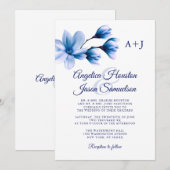 Moderne Waterverf Bloemenblauw Navy Wit Bruiloft Kaart (Voorkant / Achterkant)