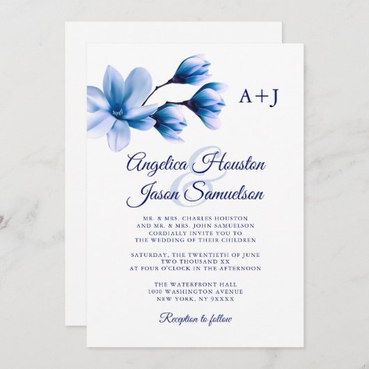 Moderne Waterverf Bloemenblauw Navy Wit Bruiloft Kaart (Voorkant / Achterkant)