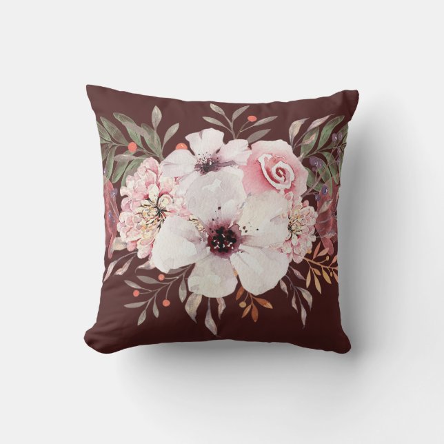 Moderne Waterverf Bloemendecor Roze Bourgondië Kussen (Voorkant)