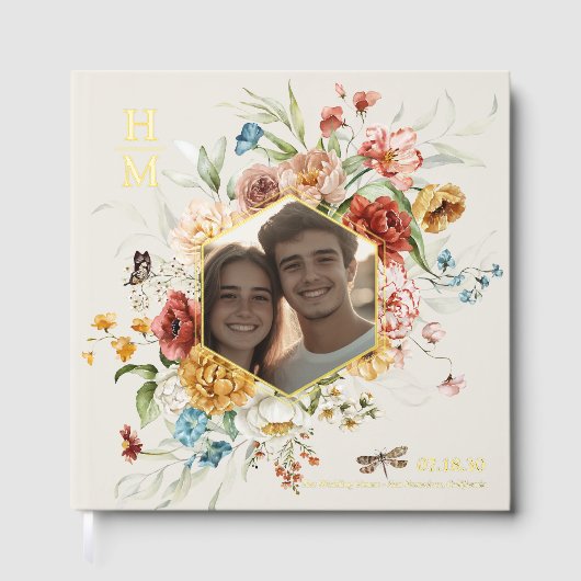 Moderne Waterverf Bloemenkoppel Foto Bruiloftsgoud Gastenboek (Voorkant)