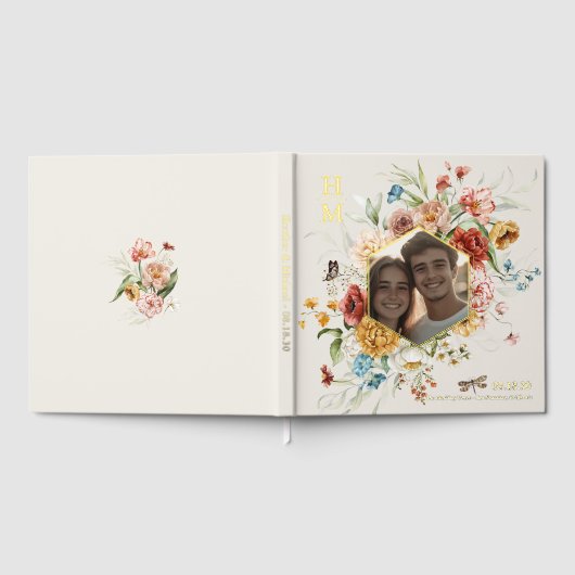 Moderne Waterverf Bloemenkoppel Foto Bruiloftsgoud Gastenboek (Volledig)