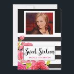 Moderne Waterverf Bloemfoto Sweet 16 Invitation Kaart<br><div class="desc">Moderne, zwart-witte strepen met waterverf en de foto van het verjaardagsmeisje staan op deze lieve 16-jarige uitnodiging. Pas uw uitnodiging eenvoudig aan met onze gebruiksvriendelijke ontwerptool. Lettertypen en lettertypekleuren kunnen worden aangepast door in het ontwerpgereedschap "Aanpassen" te kiezen. Het zal deel uitmaken van een collectie. Als u hulp nodig hebt...</div>