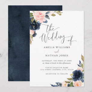 Moderne Waterverf Bloemige Navy Blush Trouw Kaart