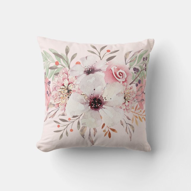 Moderne Waterverf Bloemige Roze Roze Kussen (Voorkant)