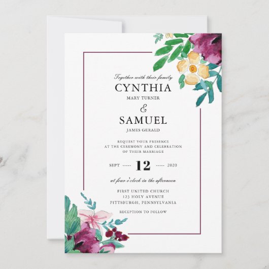 Moderne Waterverf Blooms bruiloft Kaart (Voorkant)