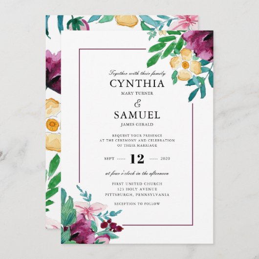 Moderne Waterverf Blooms bruiloft Kaart (Voorkant / Achterkant)