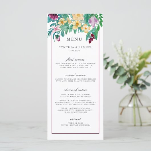 Moderne Waterverf Blooms Bruiloft Menu (Staand voorkant)