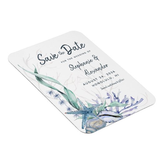Moderne Waterverf Blue Beach Wedding Save the Date Magneet (Rechterzijde)