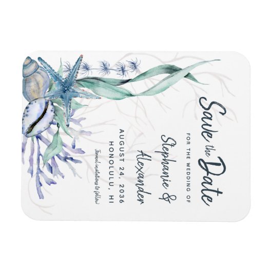 Moderne Waterverf Blue Beach Wedding Save the Date Magneet (Horizontaal)