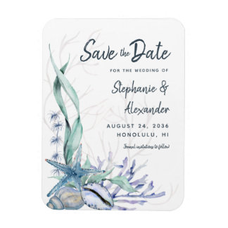 Moderne Waterverf Blue Beach Wedding Save the Date Magneet