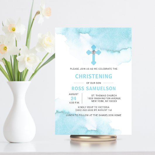 Moderne Waterverf Blue BOY Baptism Christening Inv Kaart
