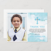 Moderne Waterverf Blue BOY Heilige Communie Bedankkaart (Voorkant / Achterkant)