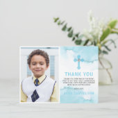 Moderne Waterverf Blue BOY Heilige Communie Bedankkaart (Staand voorkant)