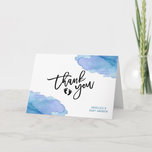 Moderne Waterverf Blue BOY Oh BOY Baby shower Bedankkaart (Voorkant)