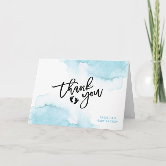 Moderne Waterverf Blue BOY Oh BOY Baby shower dan Bedankkaart (Voorkant)