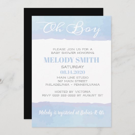 Moderne Waterverf Blue BOY Oh BOY Baby shower Kaart (Voorkant / Achterkant)