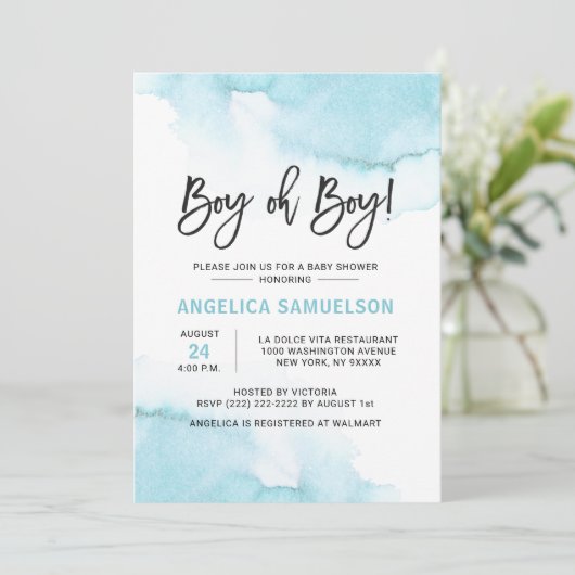 Moderne Waterverf Blue BOY Oh BOY Baby shower Kaart (Staand voorkant)