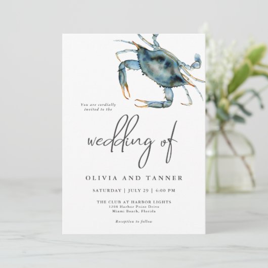 Moderne Waterverf Blue Crab Beach bruiloft Kaart (Staand voorkant)