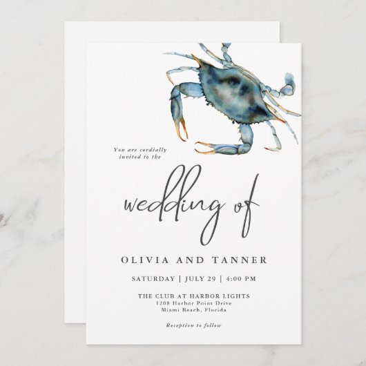 Moderne Waterverf Blue Crab Beach bruiloft Kaart (Voorkant / Achterkant)