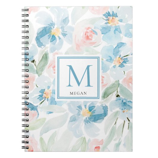 Moderne Waterverf Blue en Blush Flowers Initiaal Notitieboek (Voorkant)