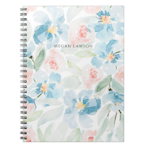 Moderne Waterverf Blue en Blush Flowers Notitieboek