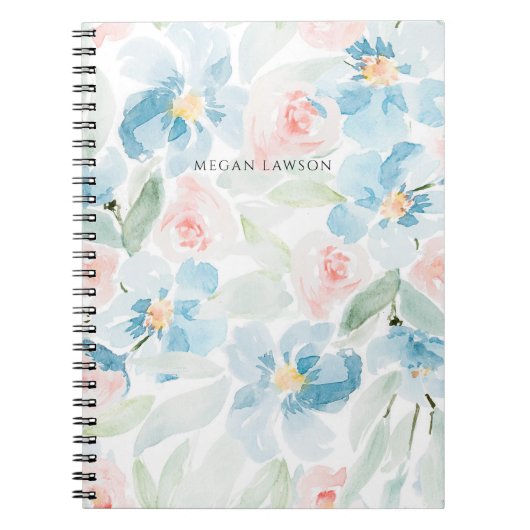 Moderne Waterverf Blue en Blush Flowers Notitieboek (Voorkant)