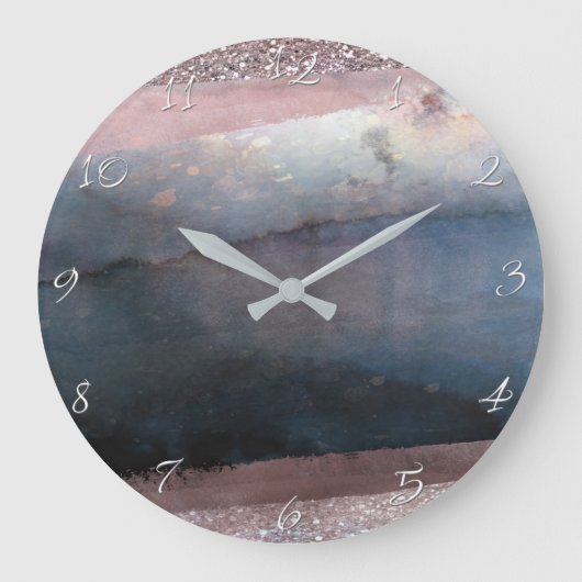Moderne Waterverf Blue en Roos Gold Pink Blush Gla Grote Klok (Voorkant)