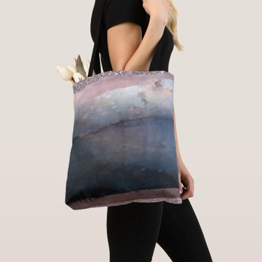 Moderne Waterverf Blue en Roos Gold Pink Blush Gla Tote Bag (Dichtbij)