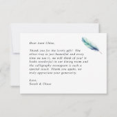 Moderne Waterverf Blue Feather Wedding Bedankkaart (Achterkant)