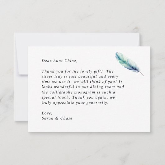 Moderne Waterverf Blue Feather Wedding Bedankkaart (Achterkant)