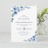 moderne waterverf blue floral bruiloft uitnodiging (Staand voorkant)