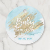 Moderne Waterverf Blue Gold Oh Baby shower Bedankjes Labels (Achterkant)