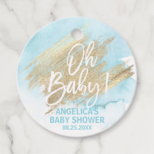 Moderne Waterverf Blue Gold Oh Baby shower Bedankjes Labels (Voorkant)