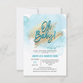Moderne Waterverf Blue Gold Oh Baby shower Kaart (Voorkant)