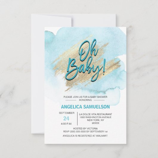 Moderne Waterverf Blue Gold Oh Baby shower Kaart (Voorkant)