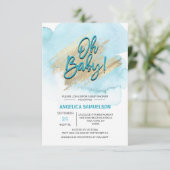 Moderne Waterverf Blue Gold Oh Baby shower Kaart (Staand voorkant)