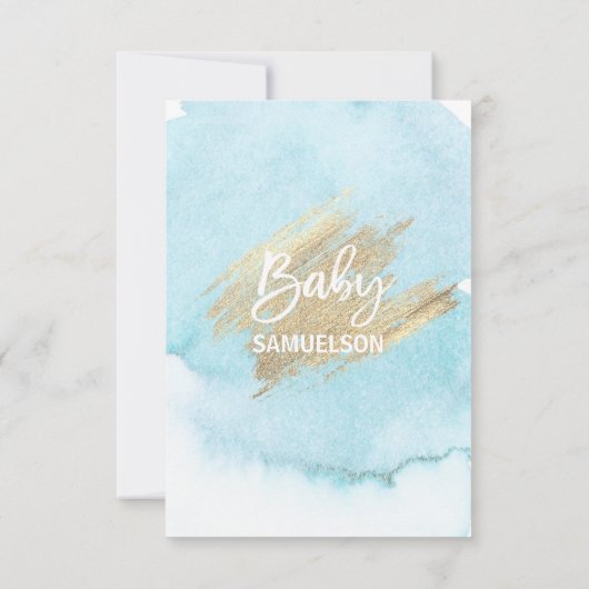 Moderne Waterverf Blue Gold Oh Baby shower Kaart (Achterkant)