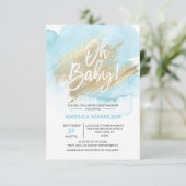 Moderne Waterverf Blue Gold Oh Baby shower Kaart (Staand voorkant)