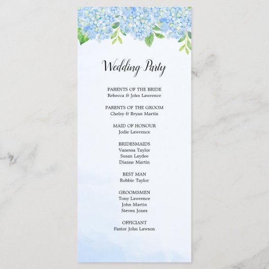 Moderne Waterverf Blue Hydrangea Wedding Ceremony Programmakaart (Achterkant)