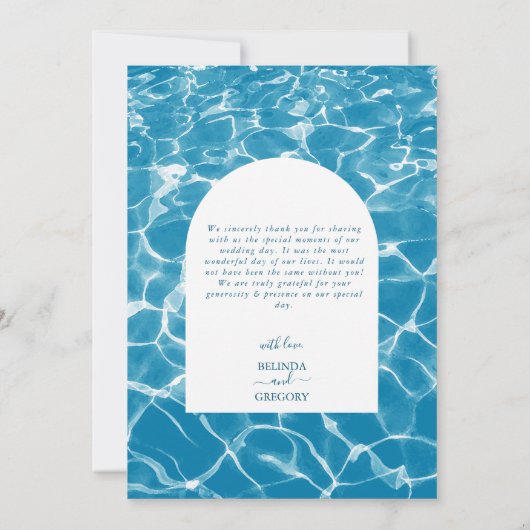 Moderne Waterverf Blue Ocean Beach bruiloft Bedankkaart (Achterkant)