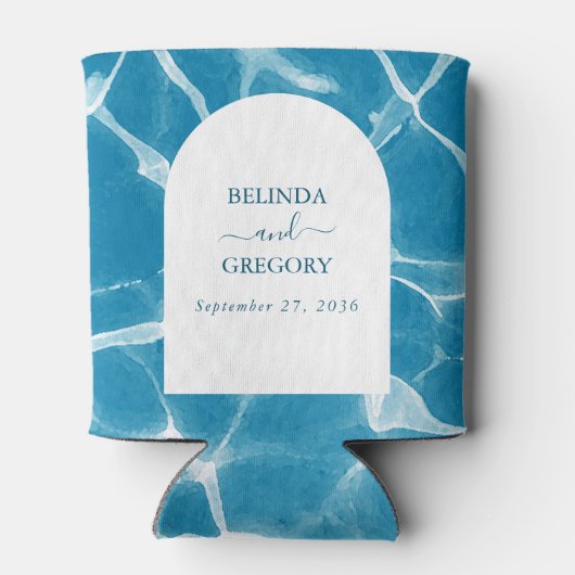 Moderne Waterverf Blue Ocean Beach bruiloft Blikjeskoeler (Achterkant)