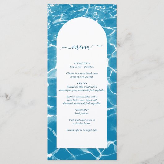 Moderne Waterverf Blue Ocean Beach bruiloft Menu (Voorkant)